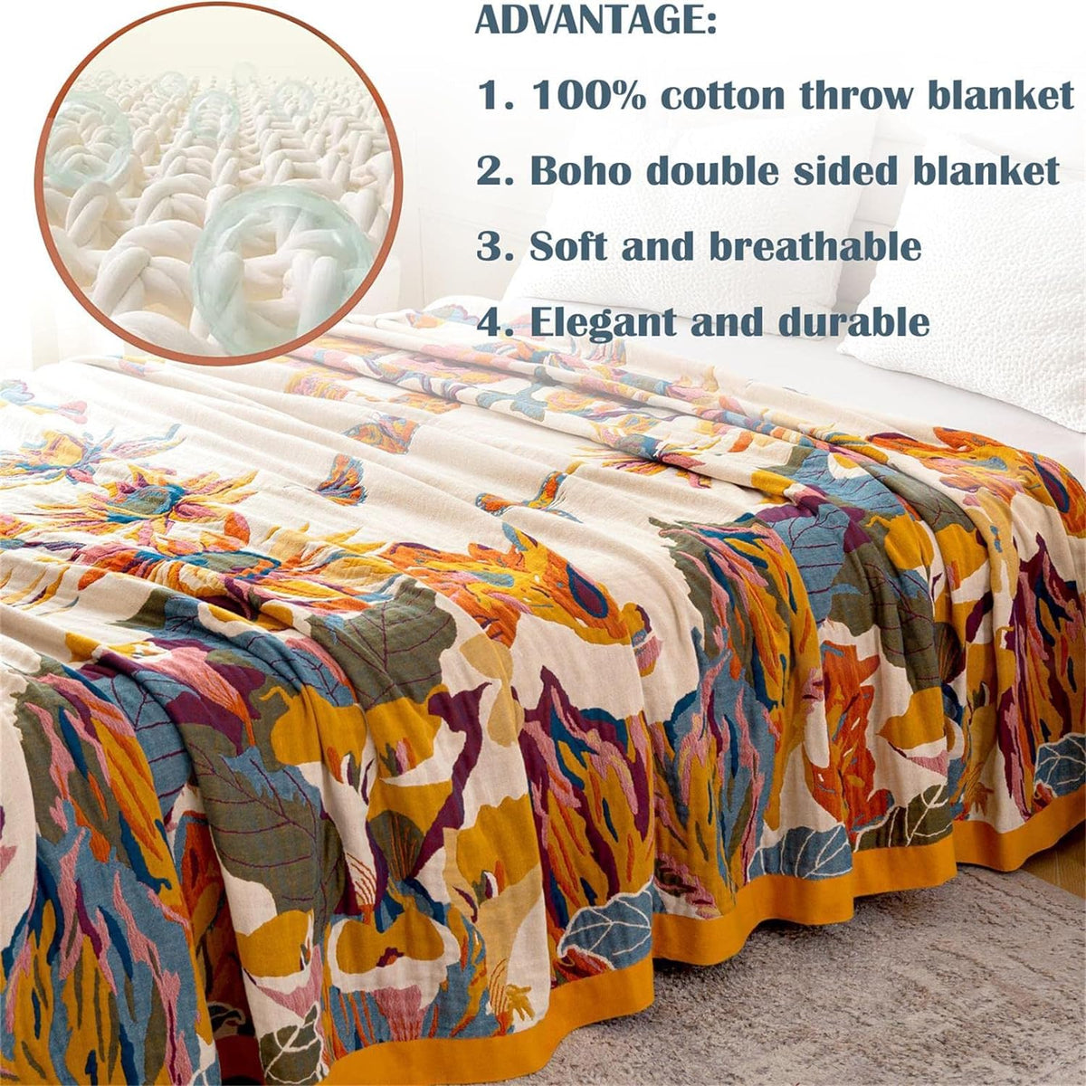 MSGKV Boho Throw Blanket 60''x80'',100% Cotton Blankets for Couch Bed,Cotton Quilt Travel Muslin