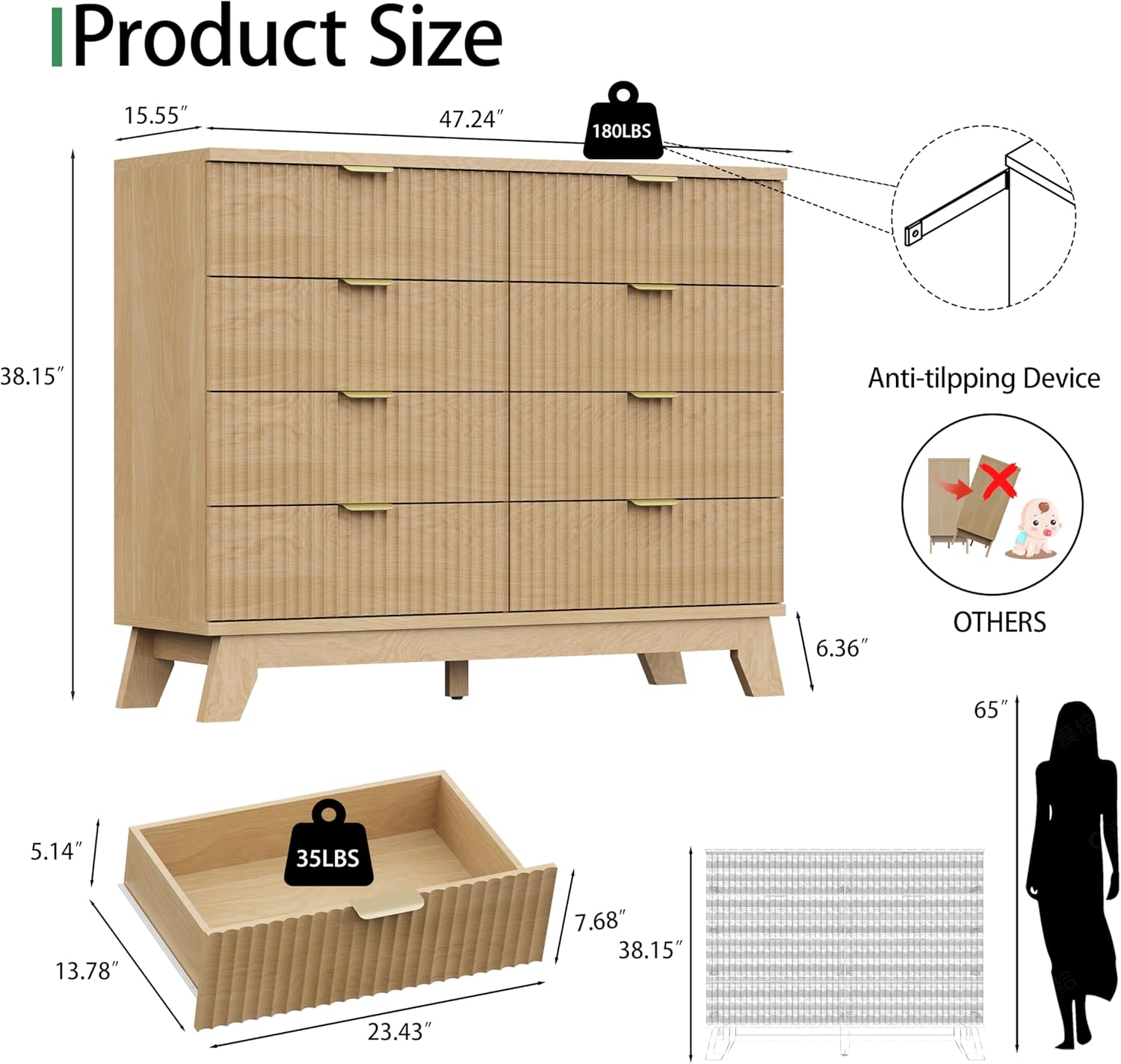 Fluted Dresser for Bedroom with 8 Drawers, 48" Wide Modern Chest of Drawers with Metal Handle