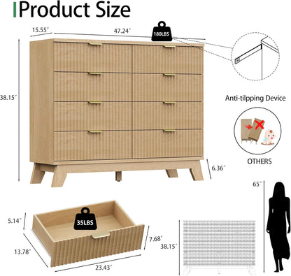 Fluted Dresser for Bedroom with 8 Drawers, 48" Wide Modern Chest of Drawers with Metal Handle