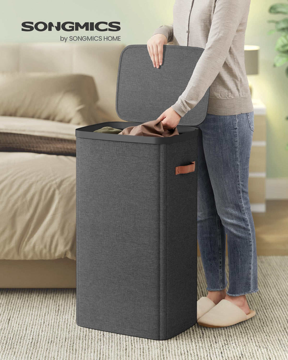 SONGMICS Laundry Basket, 26.4 Gal. Laundry Hamper, Easy Assembly, with Lid and Handles, Removable