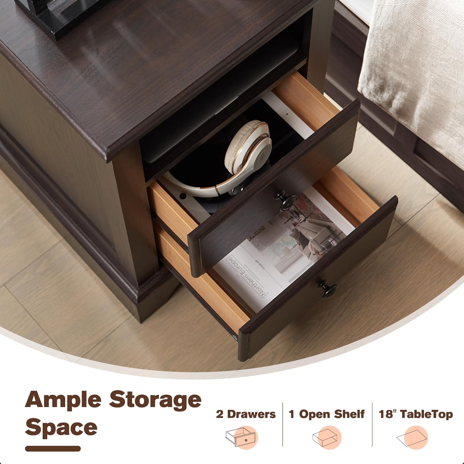T4TREAM Nightstand with Charging Station, 18 Inch Vintage End Table with 2 Drawers for Living Room