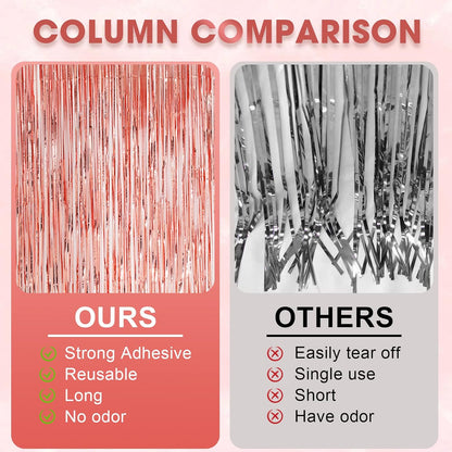 3 Pack 3.3x8.2 Feet Rose Gold Foil Fringe Backdrop Curtains, Tinsel Streamers Birthday Party