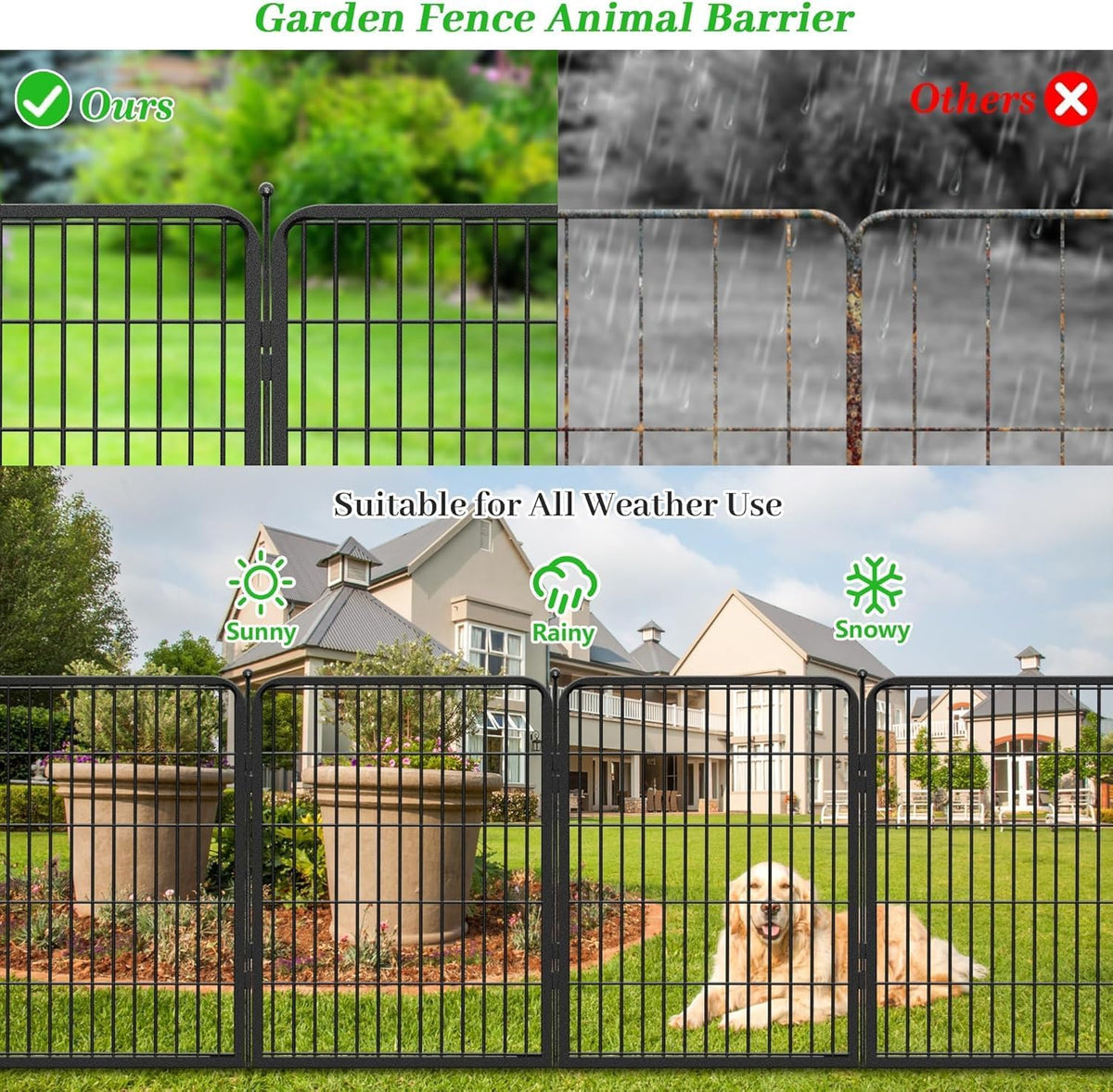 Decorative Black Metal Fencing Garden Fence with Gate, 72ft(L) 40in(H) 32 Fence Panels No Dig Fence