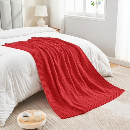 CozeCube Knit Throw Blanket,Christmas Red Checkered Bedroom Blanket for Couch,Soft Cozy Warm