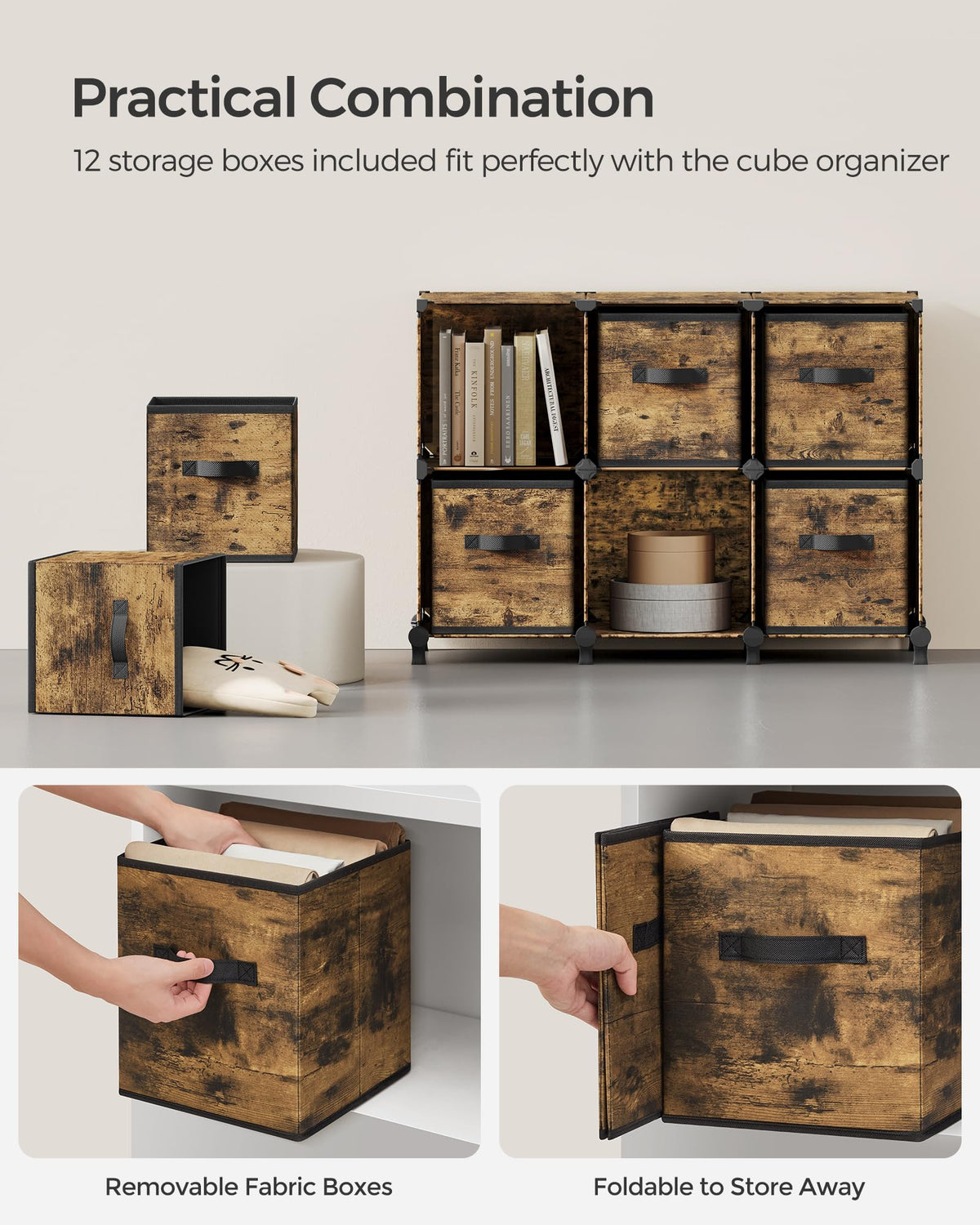 SONGMICS Cube Storage Organizer with Storage Boxes, Set of 12-Cube Organizer, 12 Collapsible