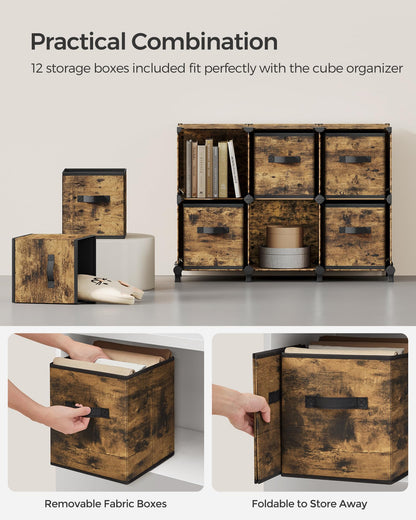 SONGMICS Cube Storage Organizer with Storage Boxes, Set of 12-Cube Organizer, 12 Collapsible