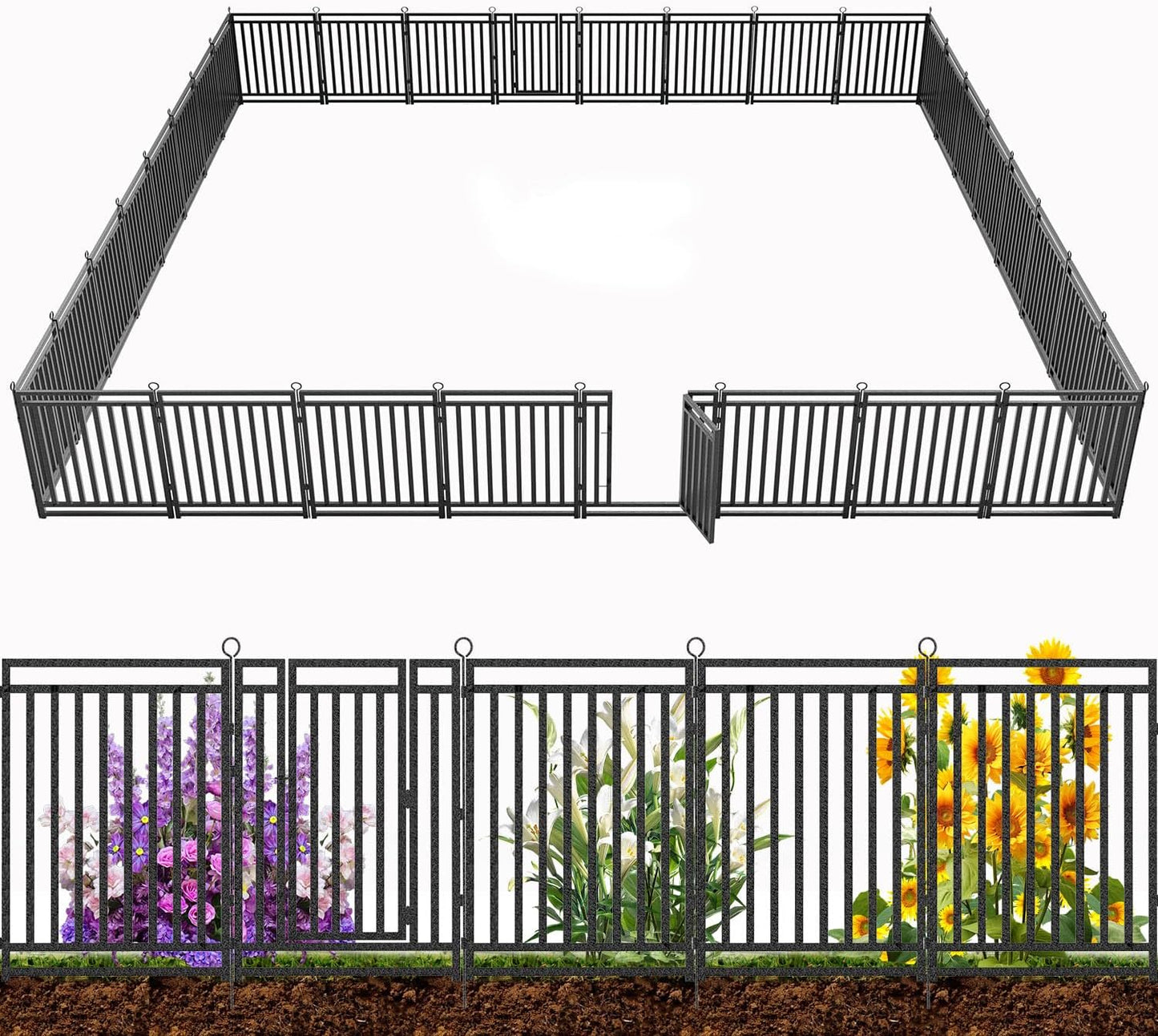 Decorative Garden Fence Metal Dog Fence Outdoor for Yard, 72ft (L) × 32in (H), 28 Panels + 4 Gates