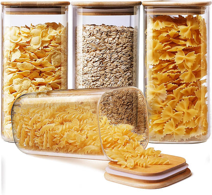 Square Glass Jars with Bamboo Lids 53 FL OZ [Set of 4], Glass Canisters with Airtight Lid, Glass