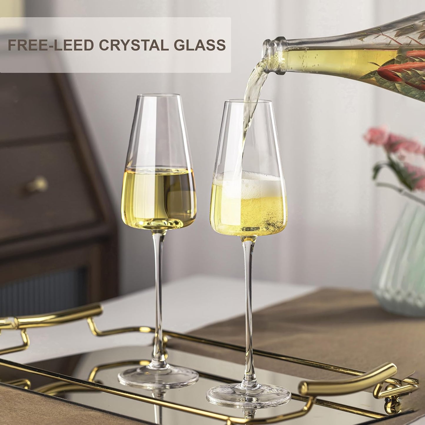Champagne Flutes Glass Set of 4,Crystal Champagne Glasses 9OZ/ 270ML, Hand Blown Mimosa Glasses