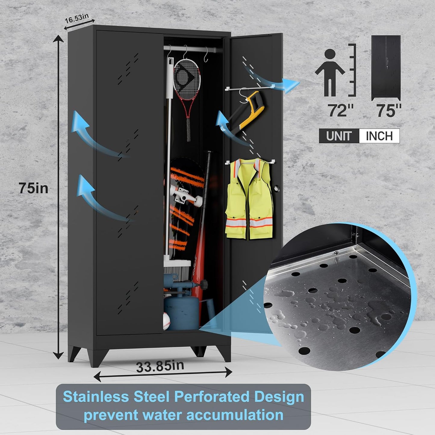 Metal Storage Cabinet with Lock Door, 75" Tall Garage Storage Cabinet with Hanging Rod, Broom