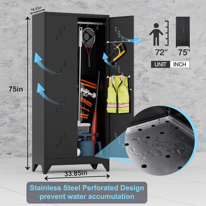 Metal Storage Cabinet with Lock Door, 75" Tall Garage Storage Cabinet with Hanging Rod, Broom