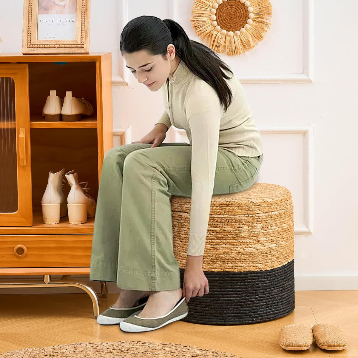 Wimarsbon 18'' Ottoman Pouf, Natural Braided Poof, Rustic Handweave Lounge Pouffe, Boho Footrest