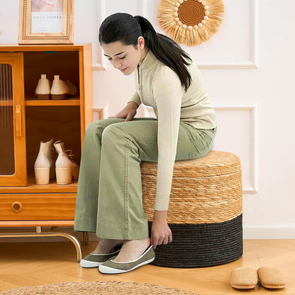 Wimarsbon 18'' Ottoman Pouf, Natural Braided Poof, Rustic Handweave Lounge Pouffe, Boho Footrest