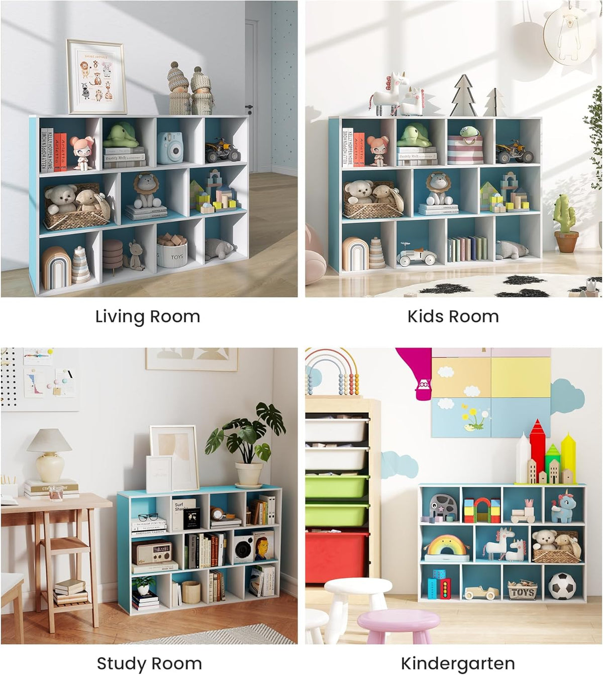 11-Cube Blue Kids Bookshelf and Toy Organizer – Wooden Storage Shelf for Boys Bedroom, Open Cube