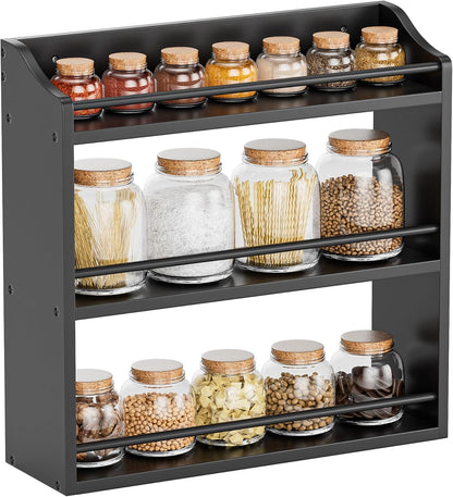 Bamboo Spice Rack Wall Mount or Tabletop Holder, 3-Tier Shelf for Seasoning Bottles Organizer
