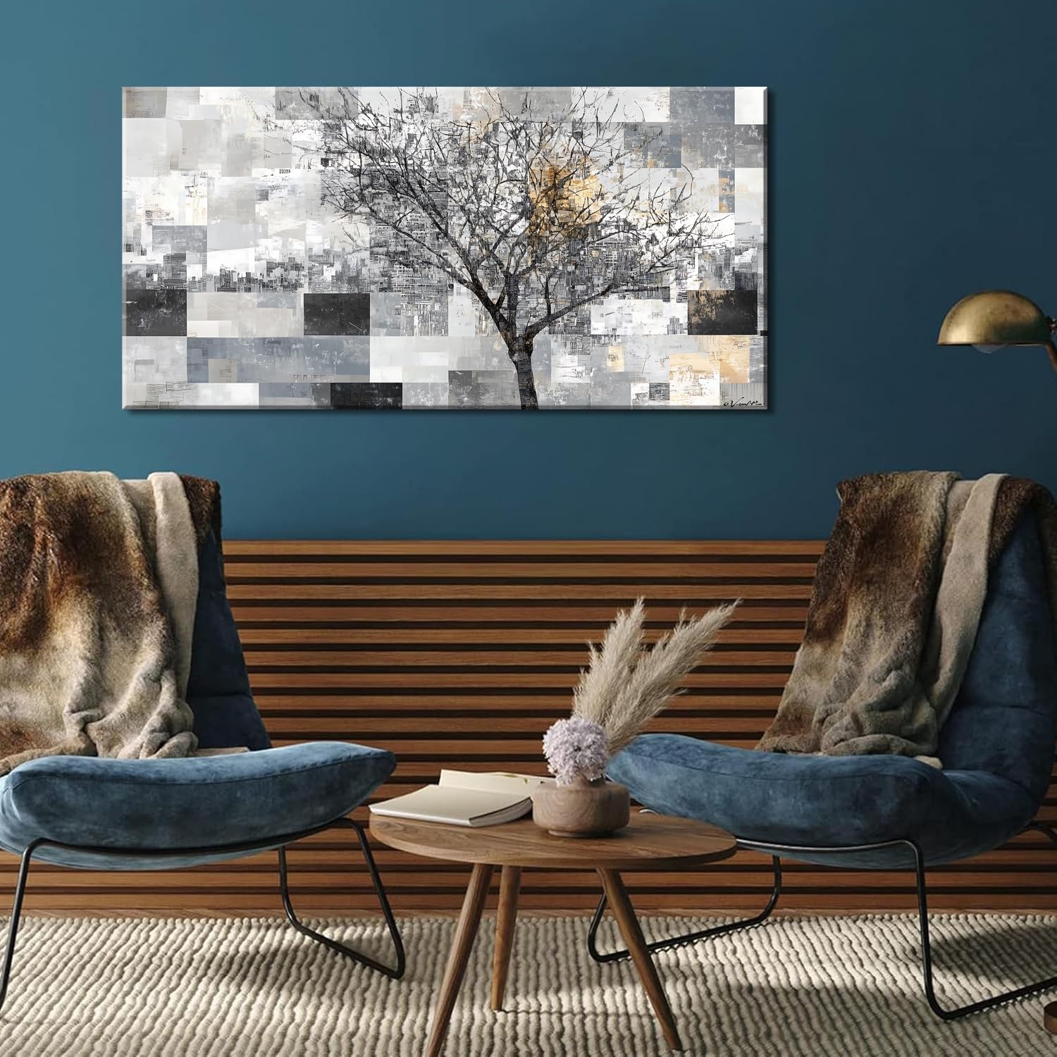 LASMOND Modern Abstract Tree Wall Art for Living Room Black and White Canvas Painting Wall Art