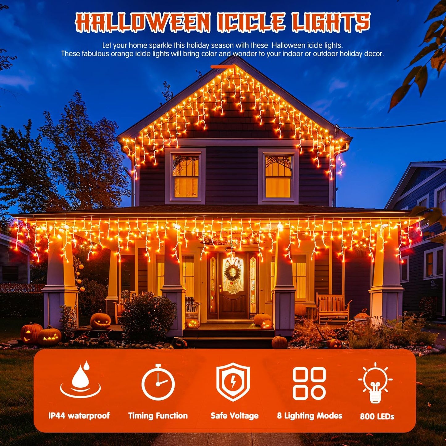 JMEXSUSS Orange Halloween Lights Outdoor, 800 LED Orange Icicle Lights Outdoor Waterproof, 8 Modes