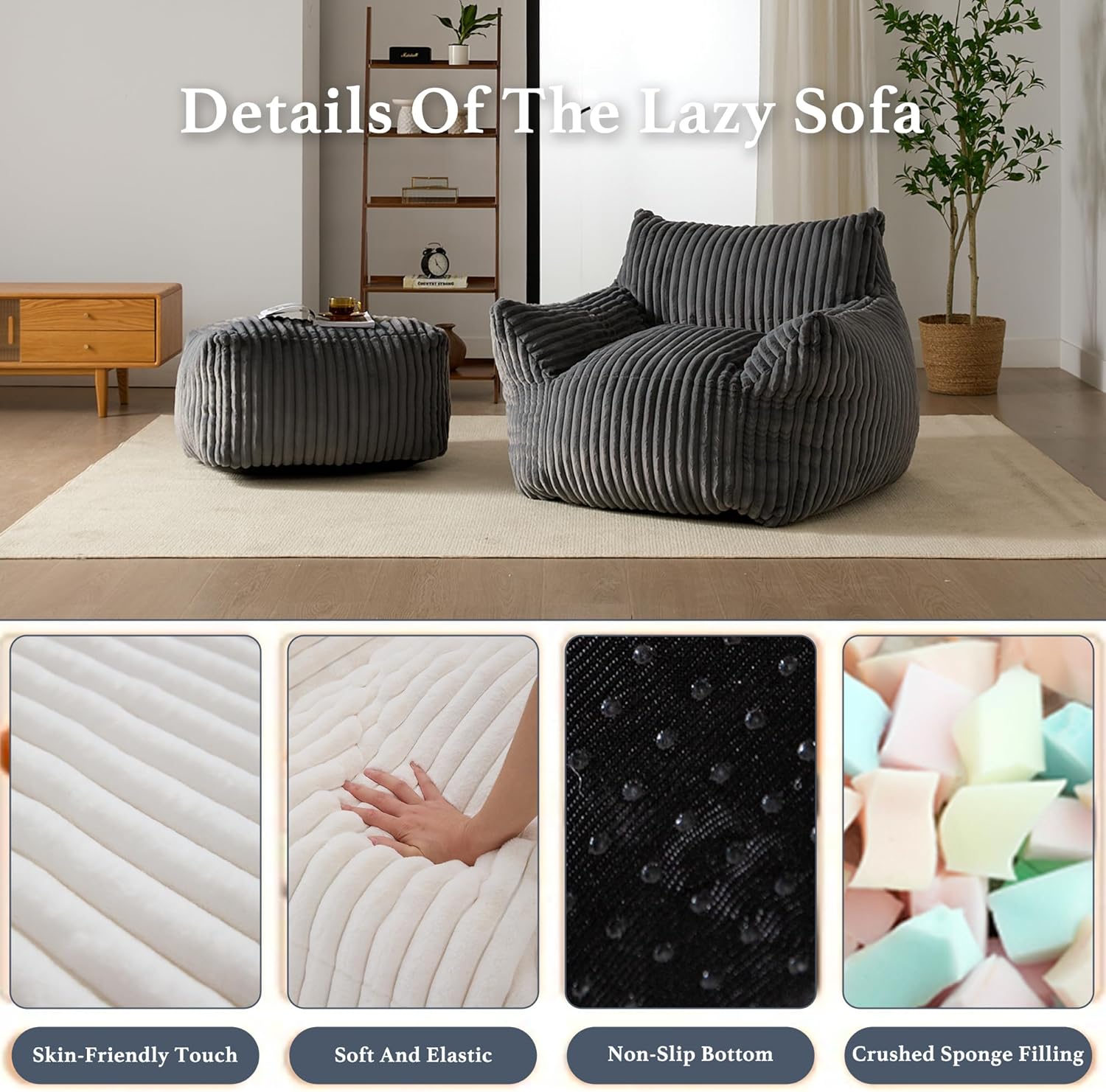 Oversized Bean Bag Chaise Lounge Chair Indoor for Adults with Armrests & Ottoman - Giant Comfy Gray