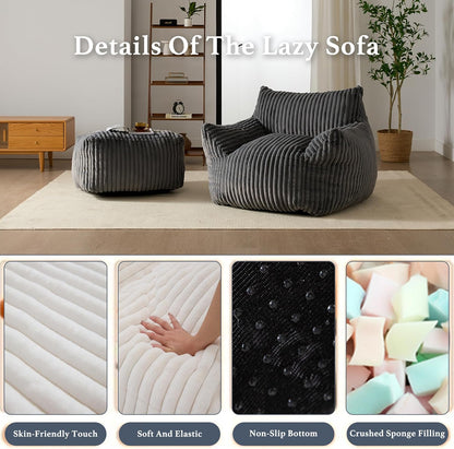 Oversized Bean Bag Chaise Lounge Chair Indoor for Adults with Armrests & Ottoman - Giant Comfy Gray