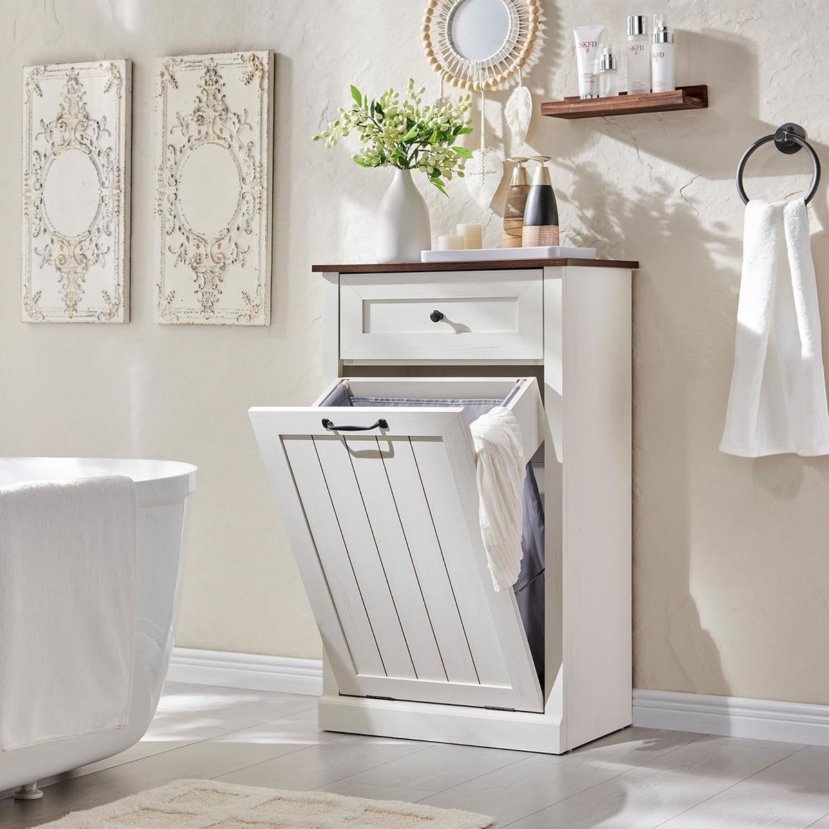Tilt Out Laundry Hamper Cabinet, 10 Gallon Farmhouse Trash Can Cabinet with Drawer, Hidden Wood