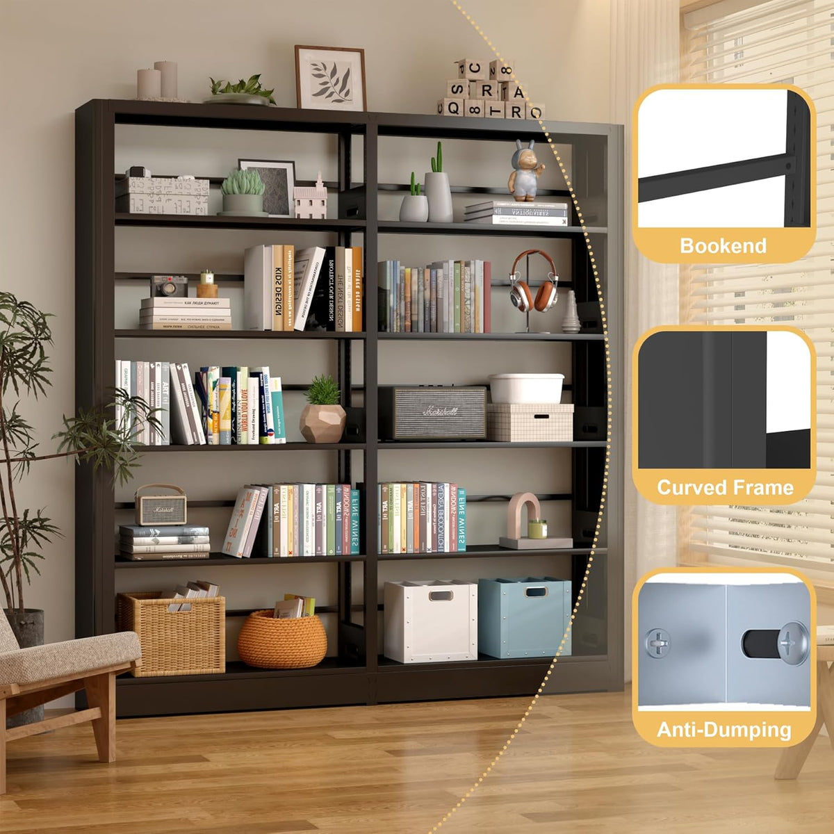 5-Tier Industrial Bookshelf, Black Bookcases and Bookshelves,Tall Metal Book Shelf Storage