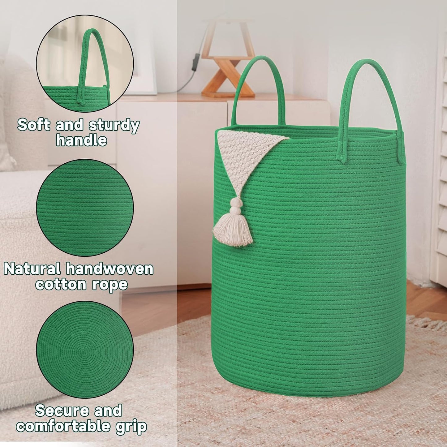 Large Woven Laundry Basket Hamper,80L Cotton Rope Storage Bin for Blankets,Toys and