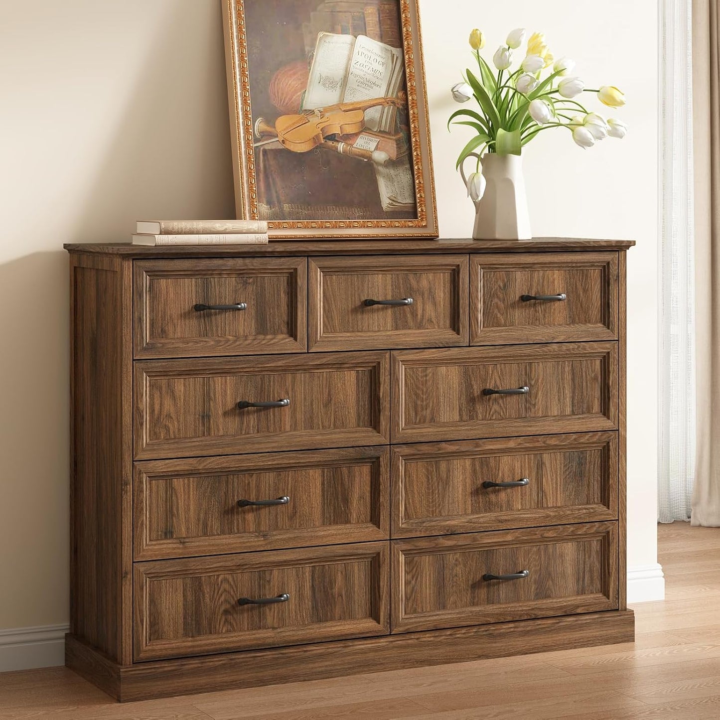 Farmhouse 9 Drawer Dresser for Bedroom, 55 Inch Wide Modern Walnut Dresser TV Stand with Large