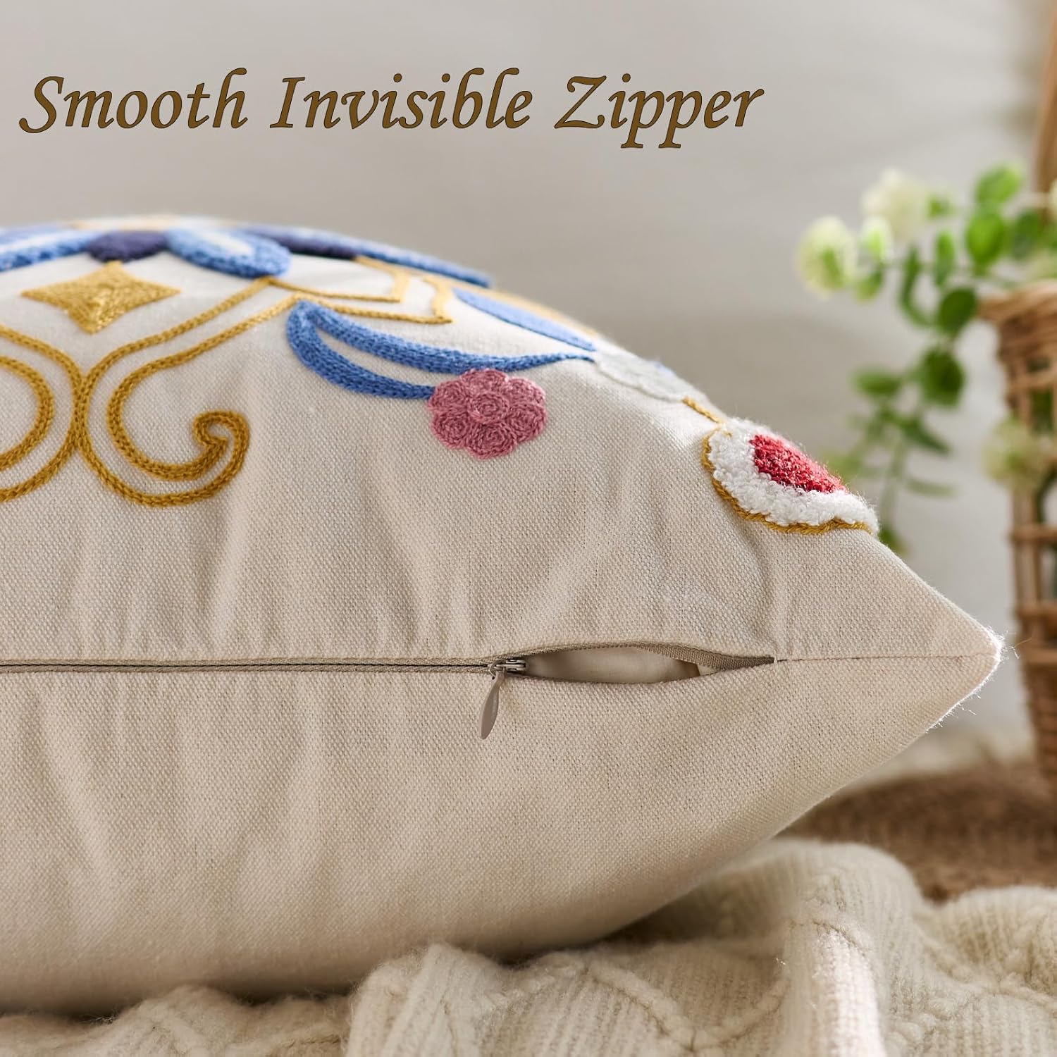 Embroidered Throw Pillow Cover 18x18 Classic Boho Floral Pattern Pillows Cover Outdoor Decorative