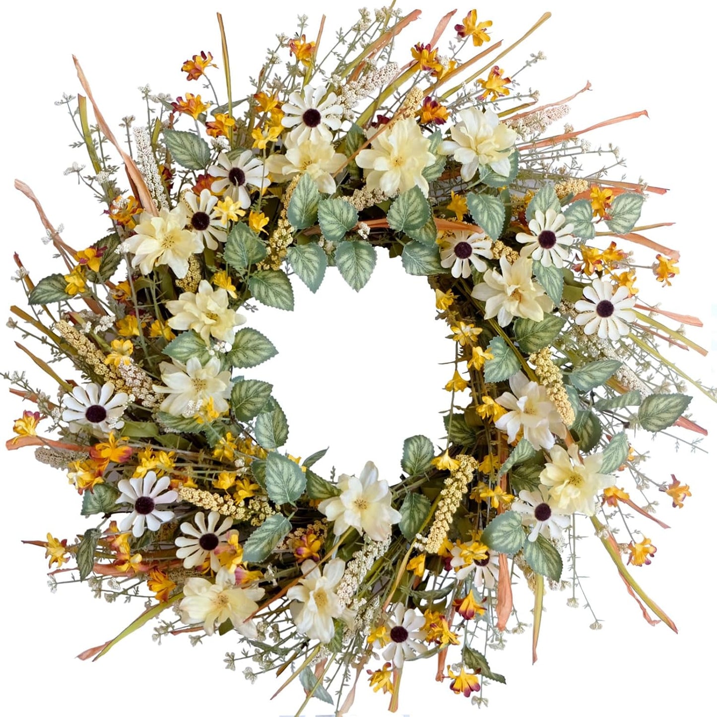 idyllic 20 Inches Spring Summer Front Door Wreath, Yellow and White Daisies Flowers, Ear of Wheat