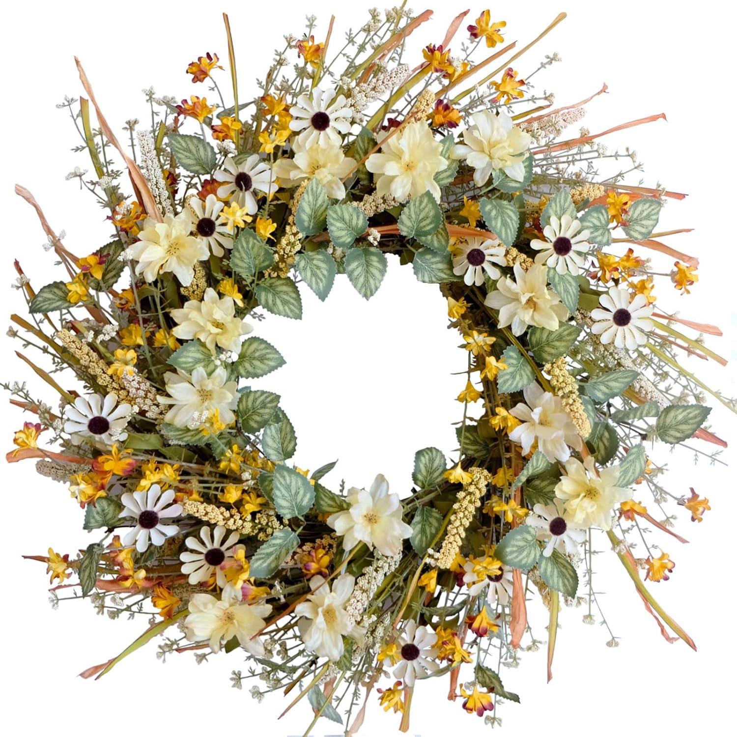 idyllic 20 Inches Spring Summer Front Door Wreath, Yellow and White Daisies Flowers, Ear of Wheat