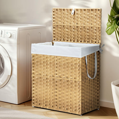 DUMOS Wicker Laundry Basket with Lid, 110L Woven Laundry Hamper with Handles, Foldable Rattan