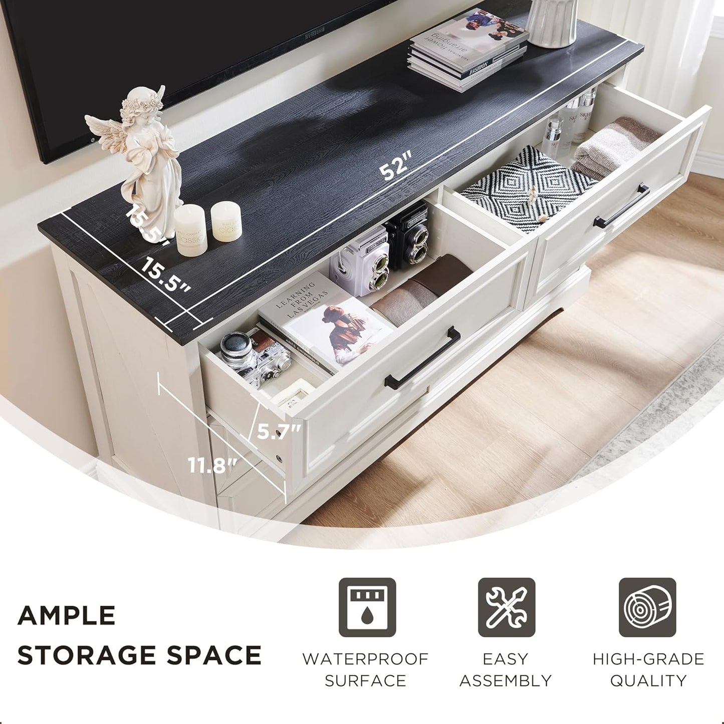 Farmhouse 6 Drawer Dresser for Bedroom, 52 Inch Wide Modern Dresser TV Stand with Large Drawers &