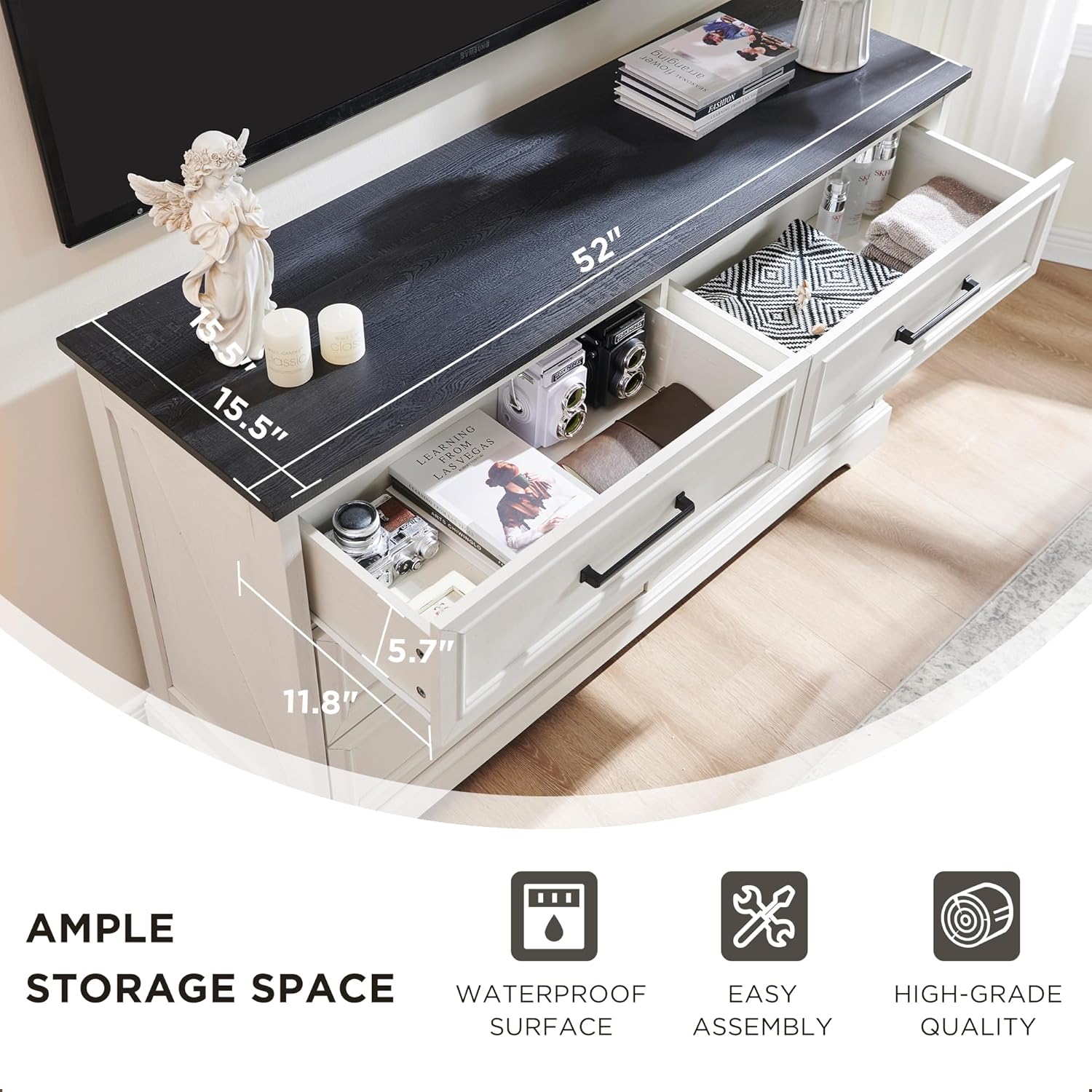 Farmhouse 6 Drawer Dresser for Bedroom, 52 Inch Wide Modern Dresser TV Stand with Large Drawers &