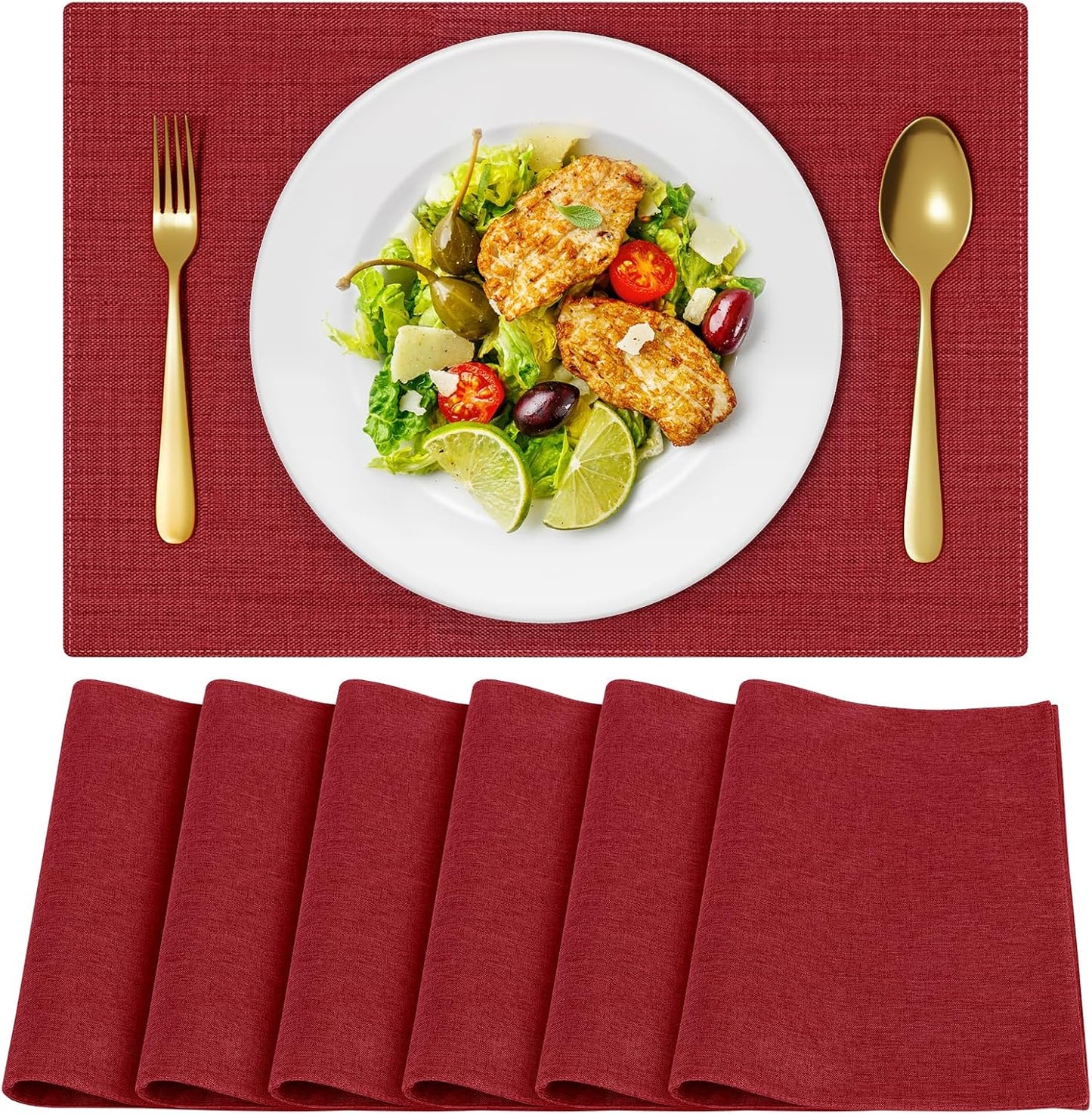 Cloth Placemats, Set of 6 Heat-Resistant Cotton Linen Blend Double Layered Machine Washable Place