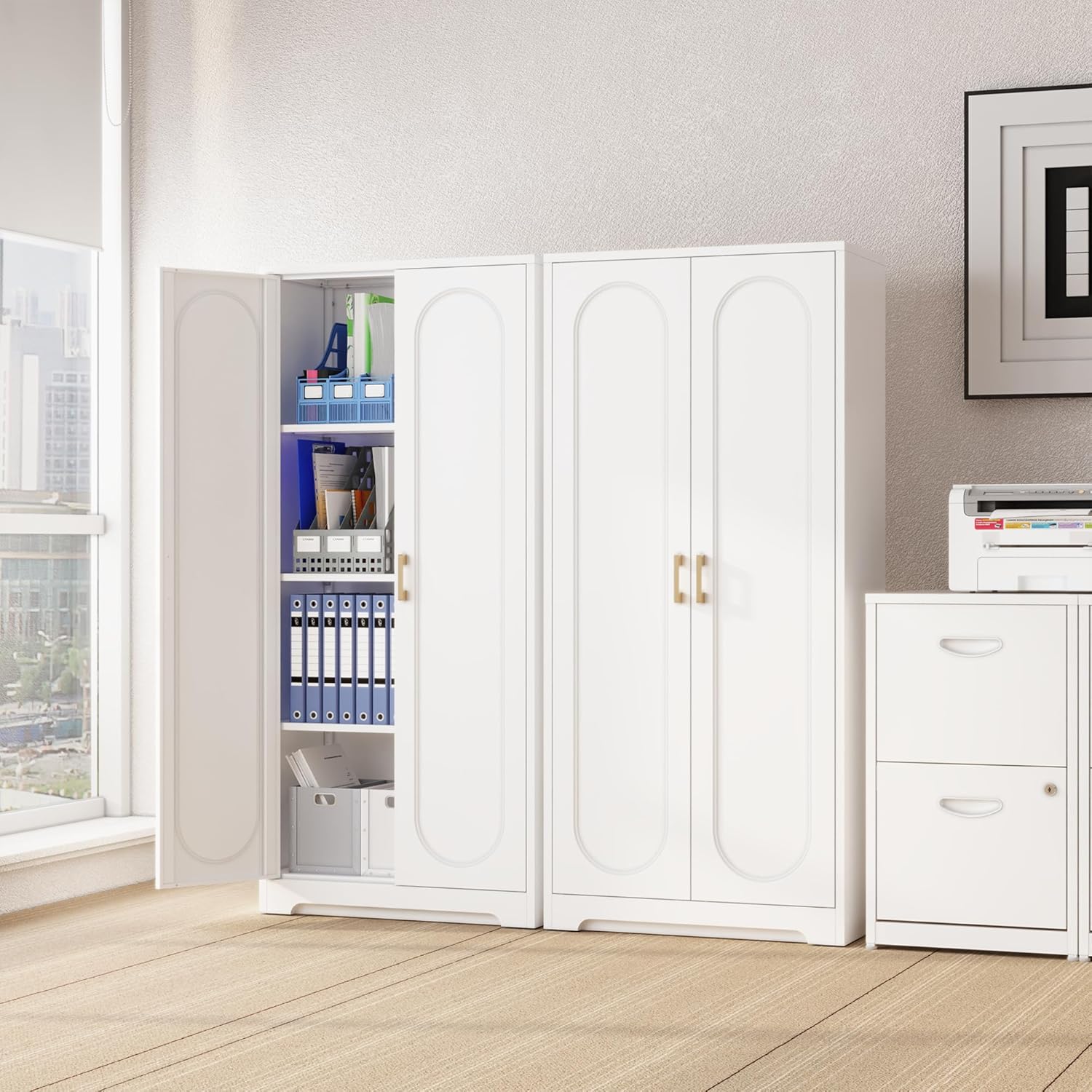 Kitchen Pantry Cabinet,60”Metal White Storage Cabinets with Doors and Shelves,Tall Cabinet with 2