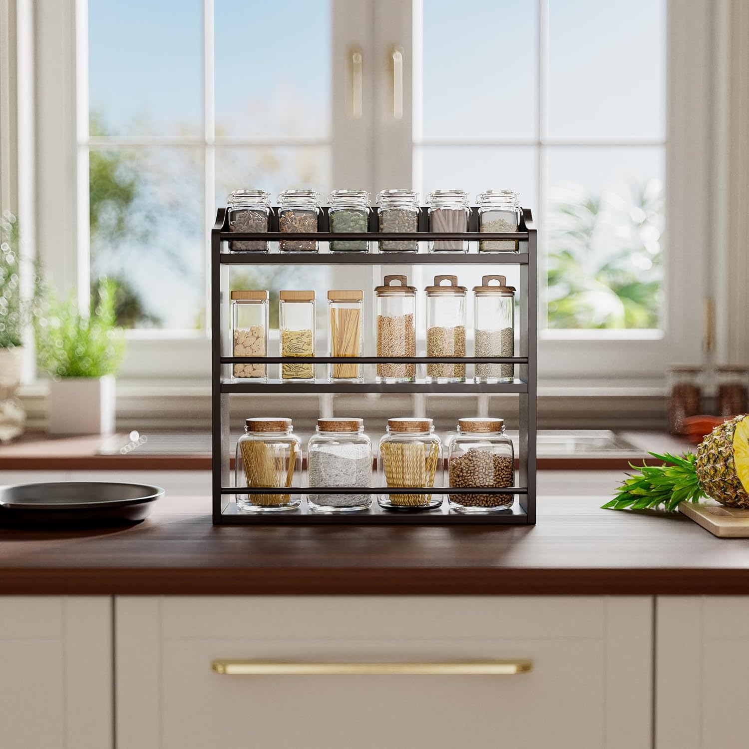 3 Tier Bamboo Wood Spice Rack, Seasoning Bottles Jars Organizer Shelf for Spices or Craft Supplies