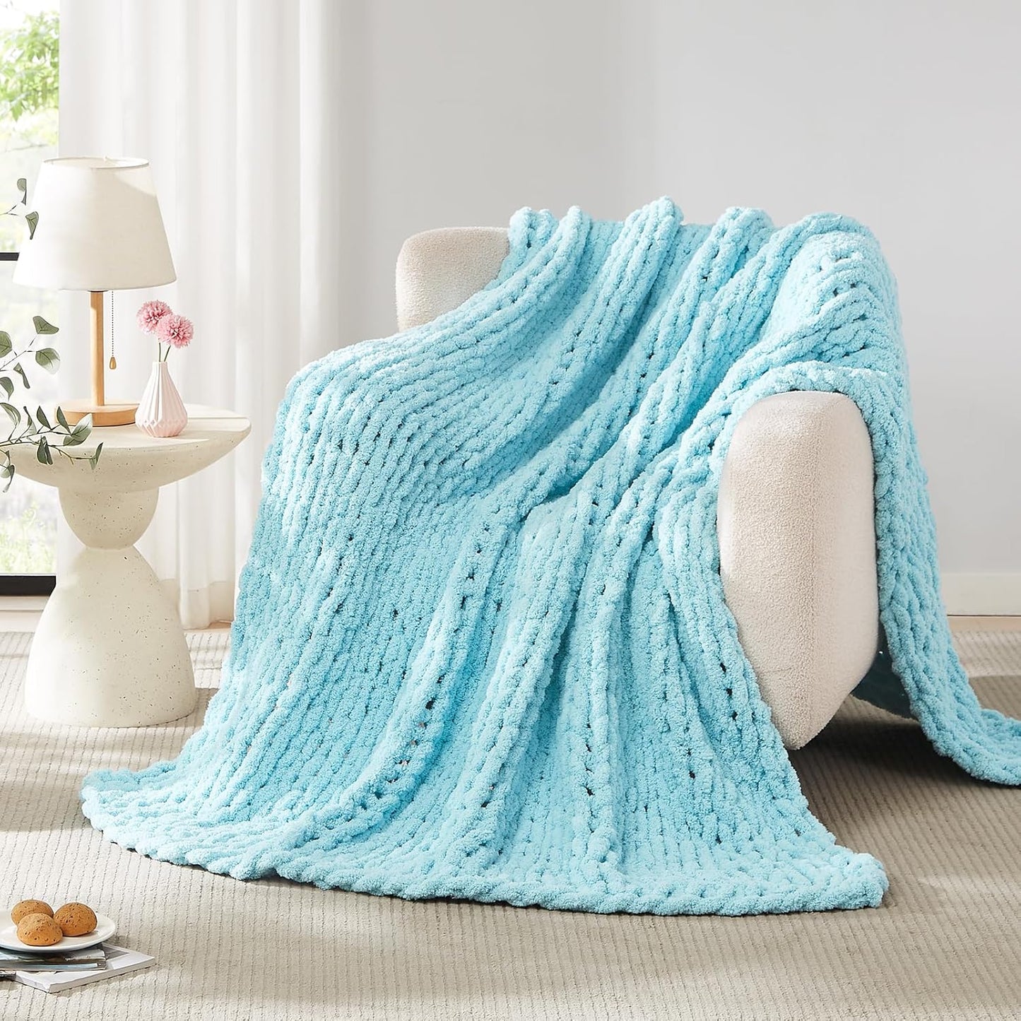 L'AGRATY Chunky Knit Blanket Throw: 72''x84'' Chenille Thick Big Cable Knit Blanket - Handmade