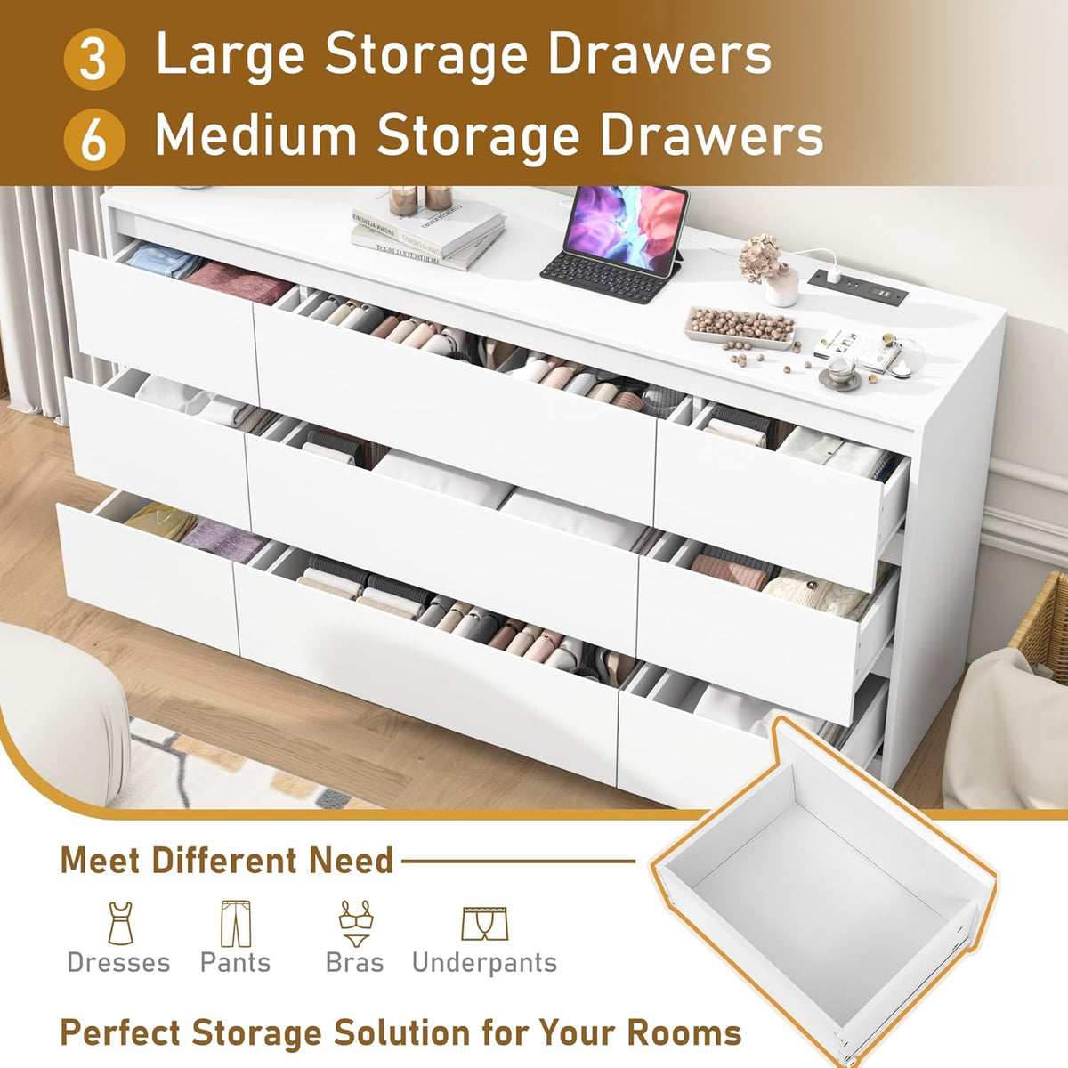 White Malm Dresser for Bedroom, 63 Inch Long 9 Drawers Dresser with Charging Station, Modern Large