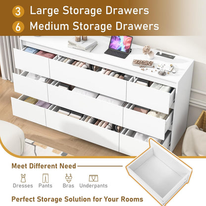 White Malm Dresser for Bedroom, 63 Inch Long 9 Drawers Dresser with Charging Station, Modern Large