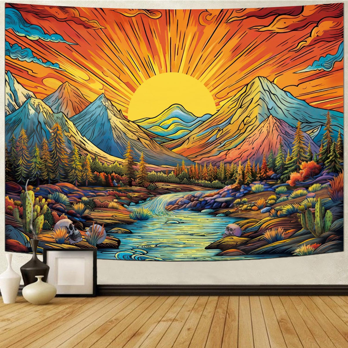 Serborlur Boho Sun Mountain Tapestry Trippy Forest Tree Tapestry Vintage Aesthetic Magic River