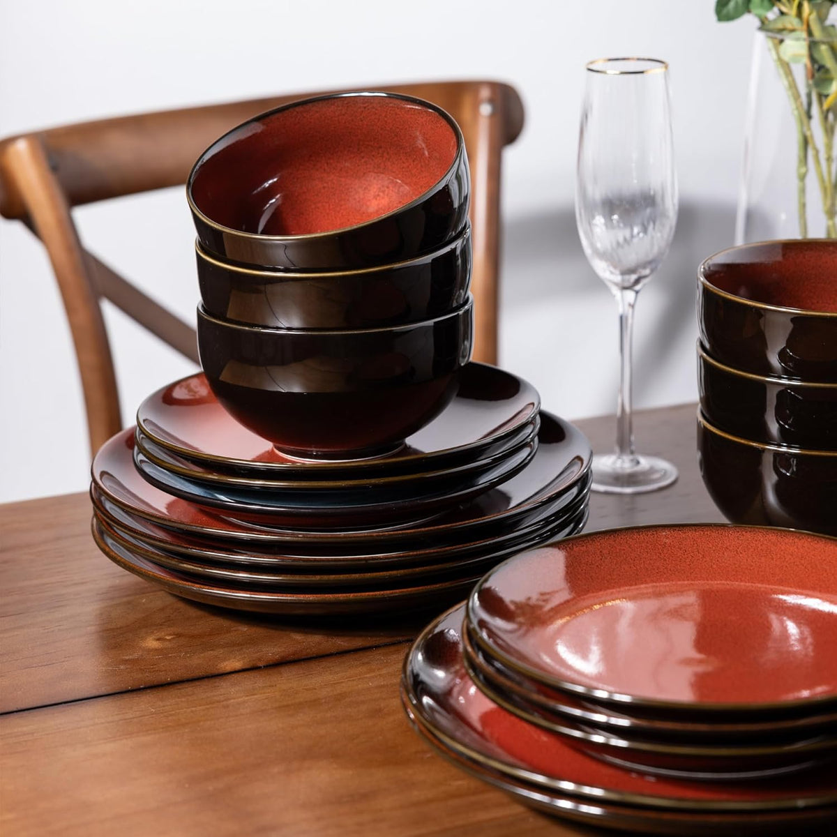 LeRatio Ceramic Dinnerware Sets for 6,Stoneware Plates and Bowls Sets,Handmade Reactive Glaze
