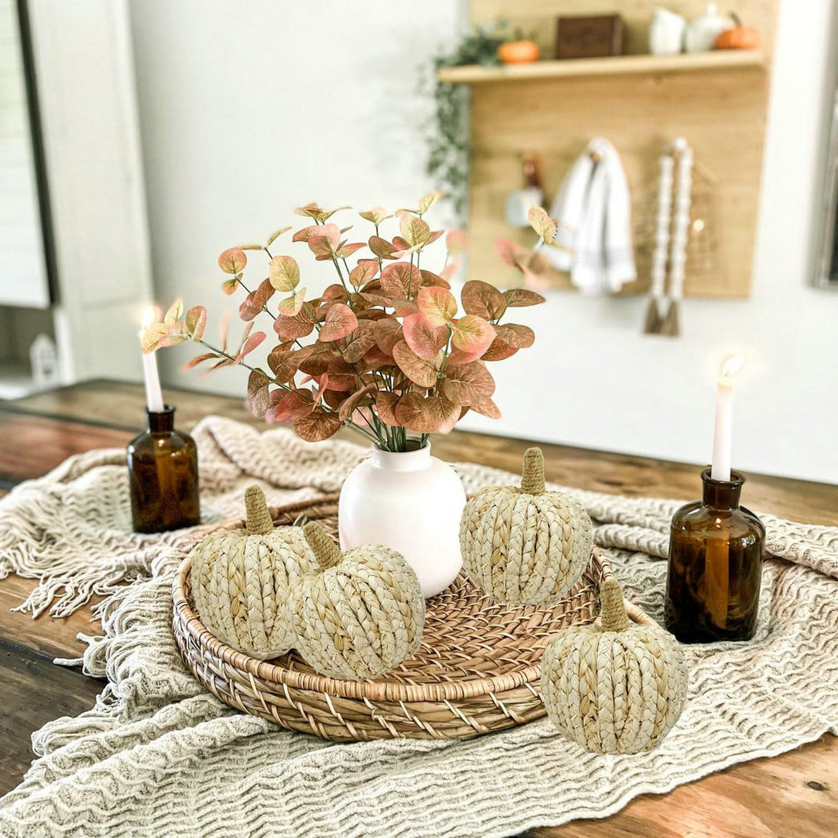 naturevibe 5.3 Inches Braided Cornhusk Pumpkin Decor Set of 4 as Centerpieces for Tables,Natural