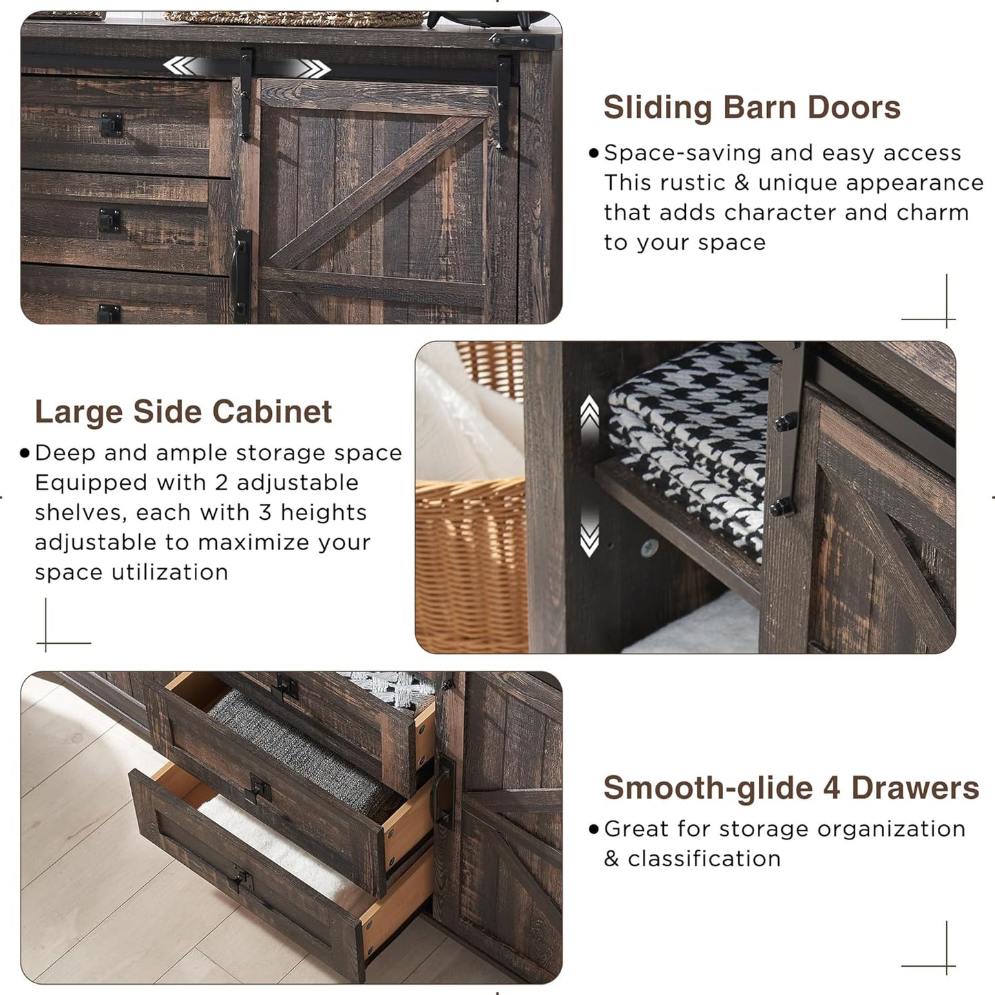 T4TREAM 60'' Farmhouse Dresser Chests for Bedroom w/4 Drawers & Sliding Barn Doors, Wide Dresser TV