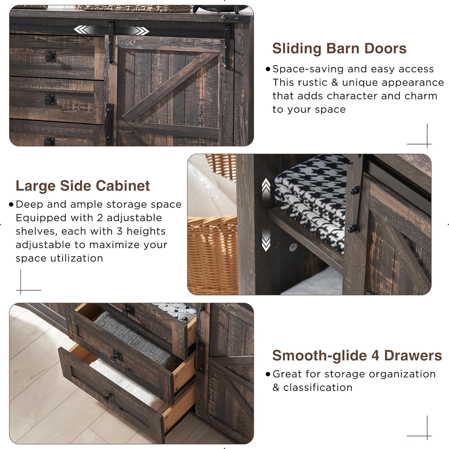 T4TREAM 60'' Farmhouse Dresser Chests for Bedroom w/4 Drawers & Sliding Barn Doors, Wide Dresser TV