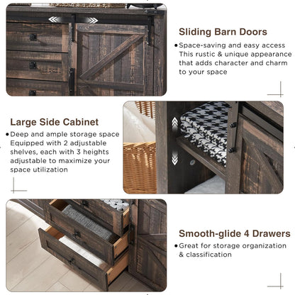 T4TREAM 60'' Farmhouse Dresser Chests for Bedroom w/4 Drawers & Sliding Barn Doors, Wide Dresser TV
