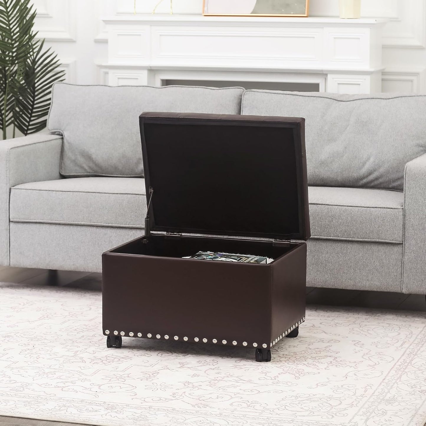 Joveco Leather Storage Ottoman with 360° Wheels 24" Rolling Foot Rest Bench Rectangle Ottomans