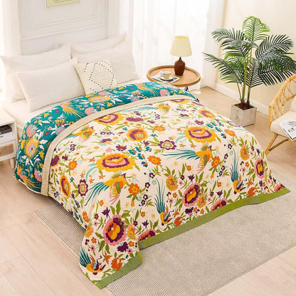 Boho Throw Blanket for Bed, 100% Cotton Soft Rustic Quilt Fall Blanket, 50"x60" Colorful Floral