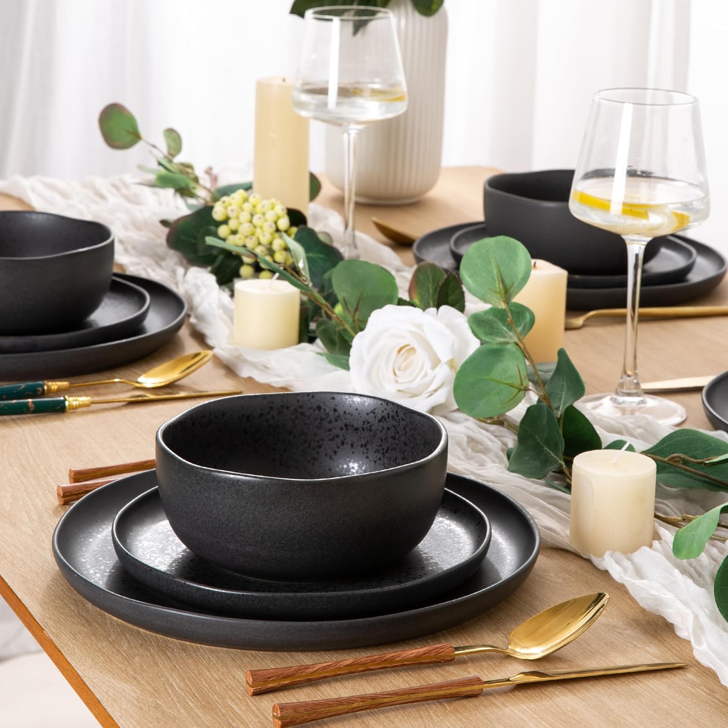 AmorArc Ceramic Dinnerware Sets, Wavy Rim Stoneware Plates and Bowls Sets, Highly Chip and Crack