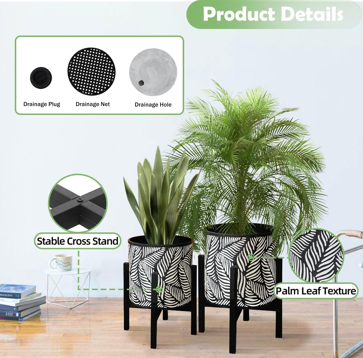 10 & 12 Inches Plant Pot with Stand Set of 2, Decorative Palm Leaves Printing Planter with Holder
