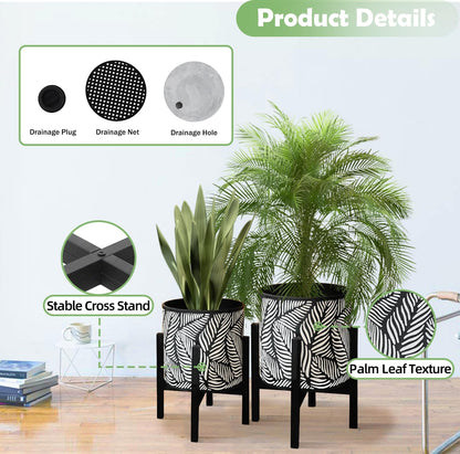 10 & 12 Inches Plant Pot with Stand Set of 2, Decorative Palm Leaves Printing Planter with Holder